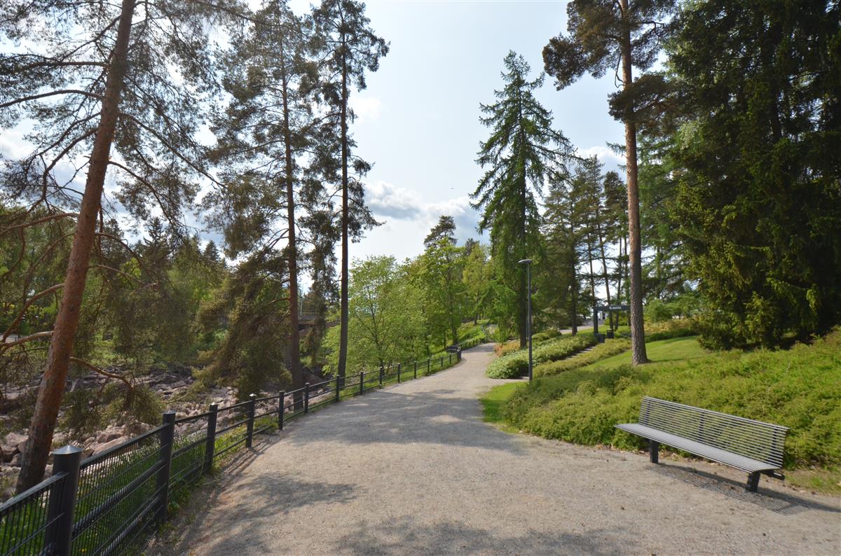 Koskipuiston Keskuspuisto Vallinpolkua pitkin lounasta kohti kuvattuna. Vasemmalla Imatrankosken koskiuoma.&nbsp;(Päivi Makkonen&nbsp;2025)