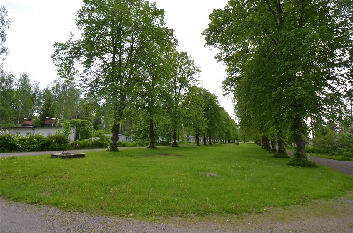 Näkymä Paperimiehenkujan risteyksestä etelään kohti alueen keskellä sijaitsevaa puistoa. Vasemmassa reunassa itäisen Vähäkalliontien asuinrakennuksia.&nbsp;(Päivi Makkonen&nbsp;2025)