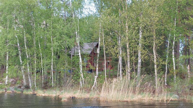 Puiden välistä erottuva kaksikerroksinen asuinrakennus ja sen taustalle jäävä matalampi talousrakennus.&nbsp;(Dan Ronimus&nbsp;5/2022)
