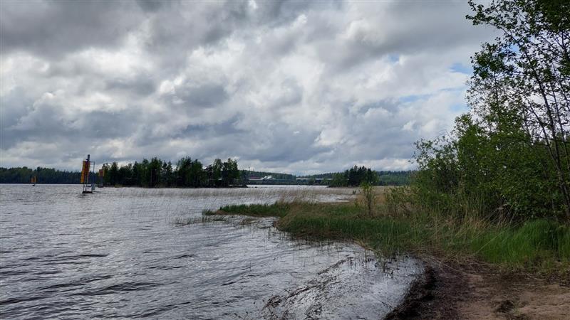 Saari näyttäytyy myös läheisen Mikonsaaren rantaan. Sen taustalla järvimaisemaa hallitsee Voisalmensaaren saha.&nbsp;(Dan Ronimus&nbsp;5/2022)