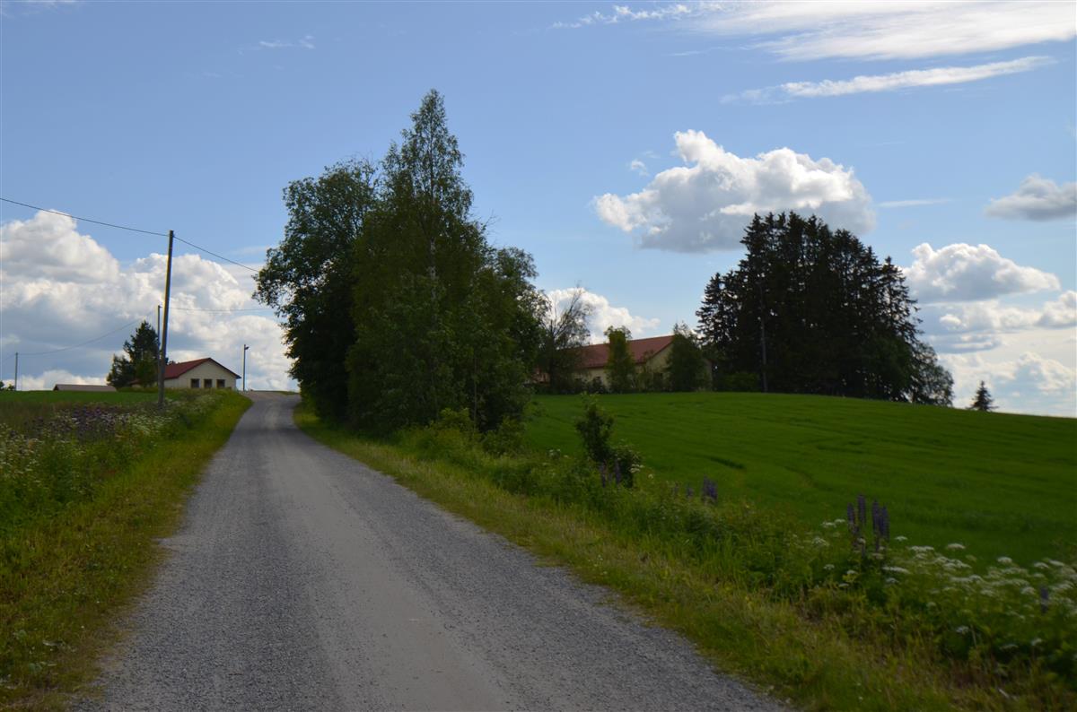 Kummun entinen kansakoulu Kummun koulutieltä, pohjoisesta päin kuvattuna. Koulurakennus oikealla.&nbsp;(Päivi Makkonen&nbsp;2025)