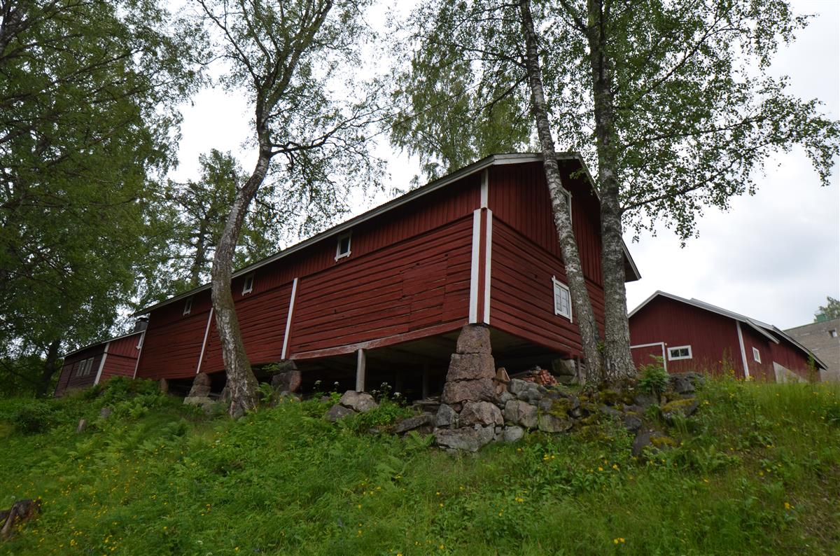 Koivurinteen tilan makasiinirakennus Kaijanlahdentieltä, pohjoisesta päin kuvattuna. Vasemmalla saunrakennus.&nbsp;(Päivi Makkonen&nbsp;2025)