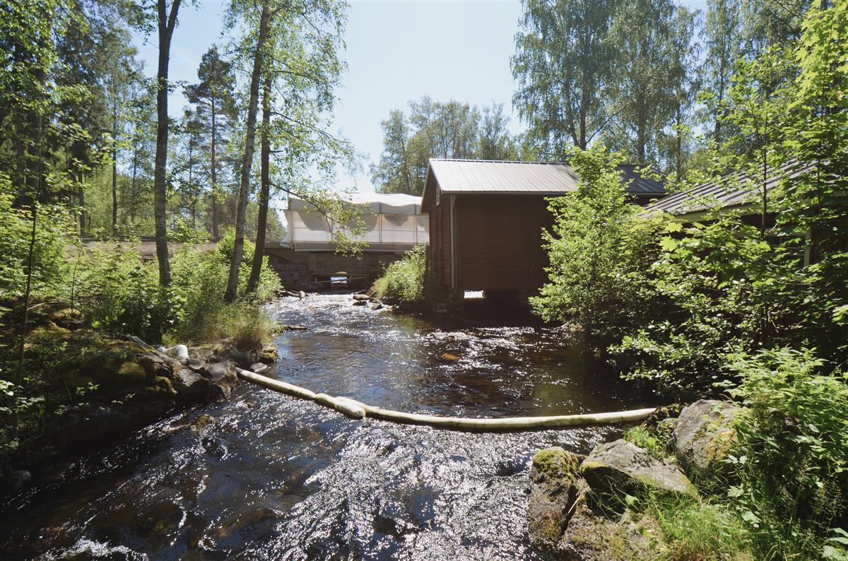 Kärnäkosken mylly alajuoksulta, koillisesta päin kuvattuna. Kärnäkosken silta oli tuolloin korjaustyön alla.&nbsp;(Päivi Makkonen&nbsp;2025)