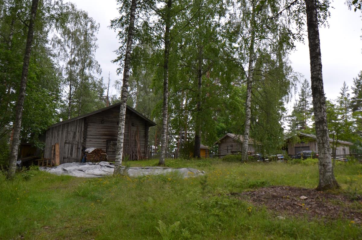 Näkymä Hakamäen pihapiiristä kohti etelää. Kuvassa riihi, maitolaituri, aitta ja huoltorakennus.&nbsp;(Päivi Makkonen&nbsp;2025)